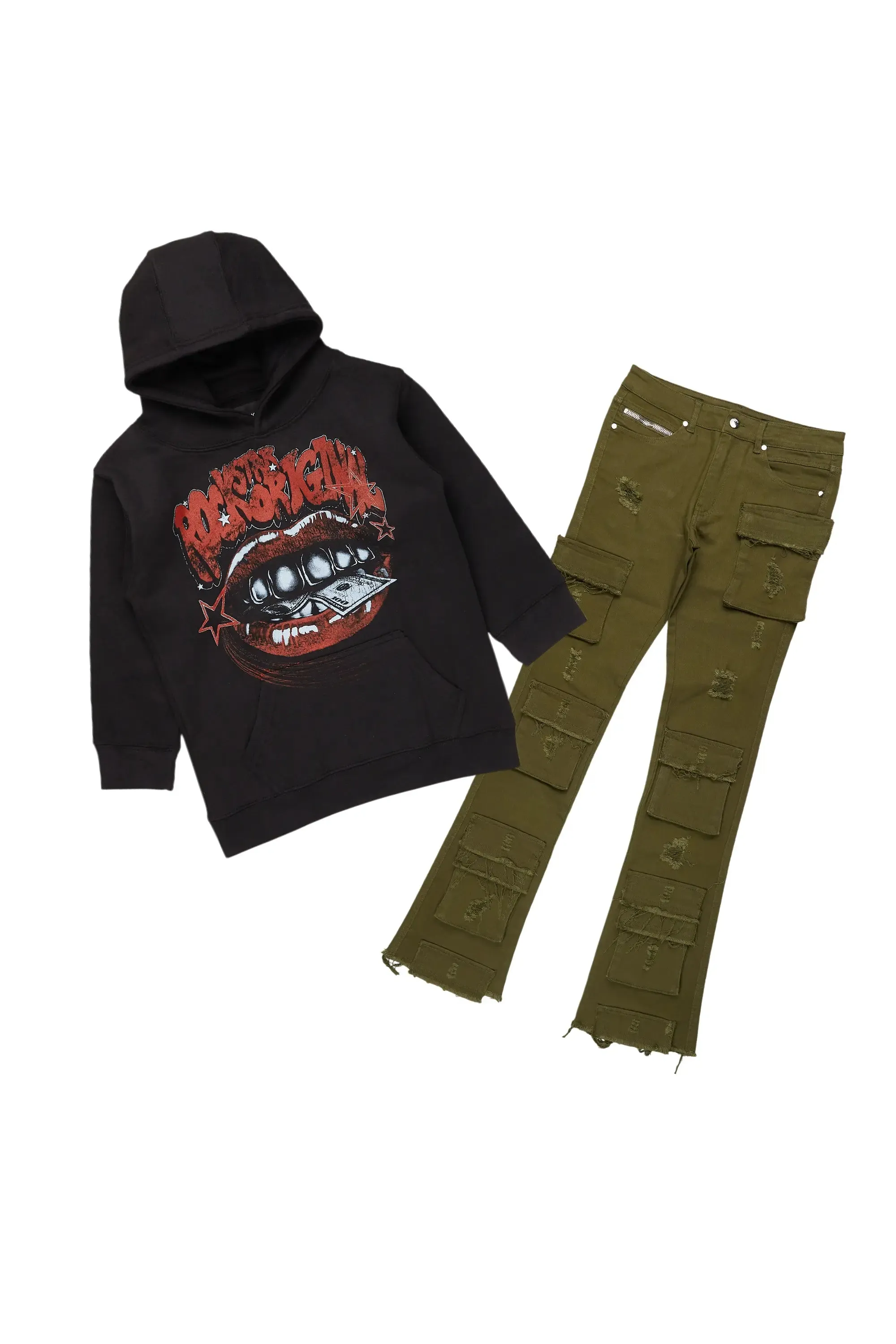 Boys Bloke Black/Green Hoodie/Stacked Flare Jean Set sold by Rockstar Original