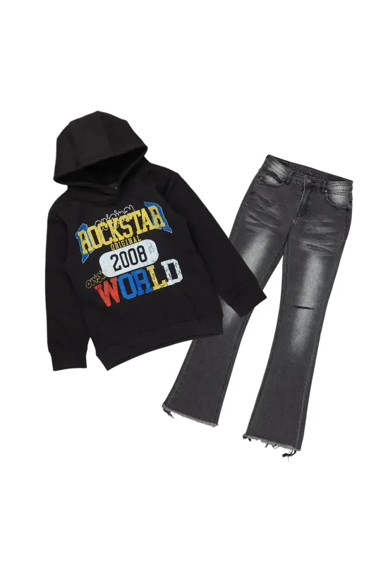 Boys Daria Black/Dark Grey Hoodie/Stacked Flare Jean Set sold by Rockstar Original