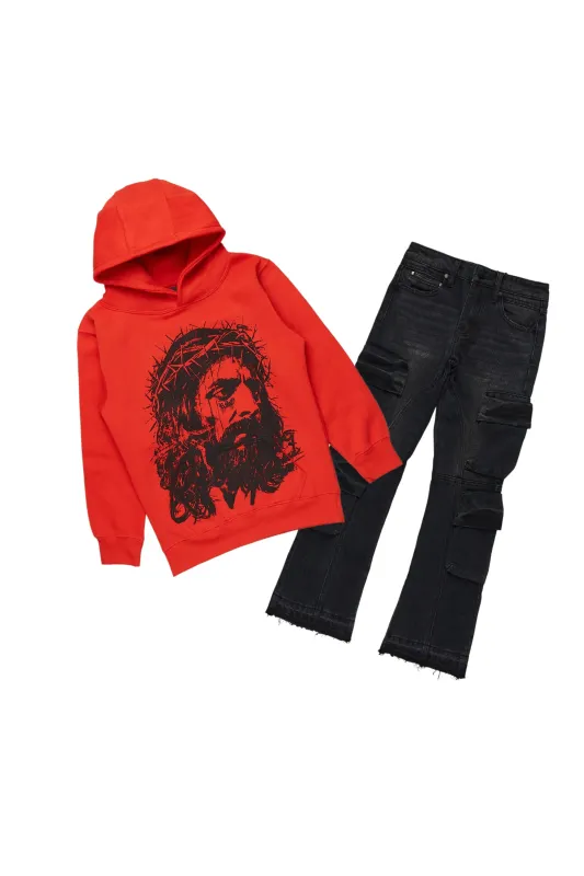Boys Bedros Red/Black Hoodie/Stacked Flare Jean Set sold by Rockstar Original