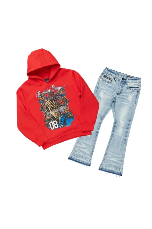Boys Jaylen Red Hoodie/Stacked Flare Jean Set sold by Rockstar Original