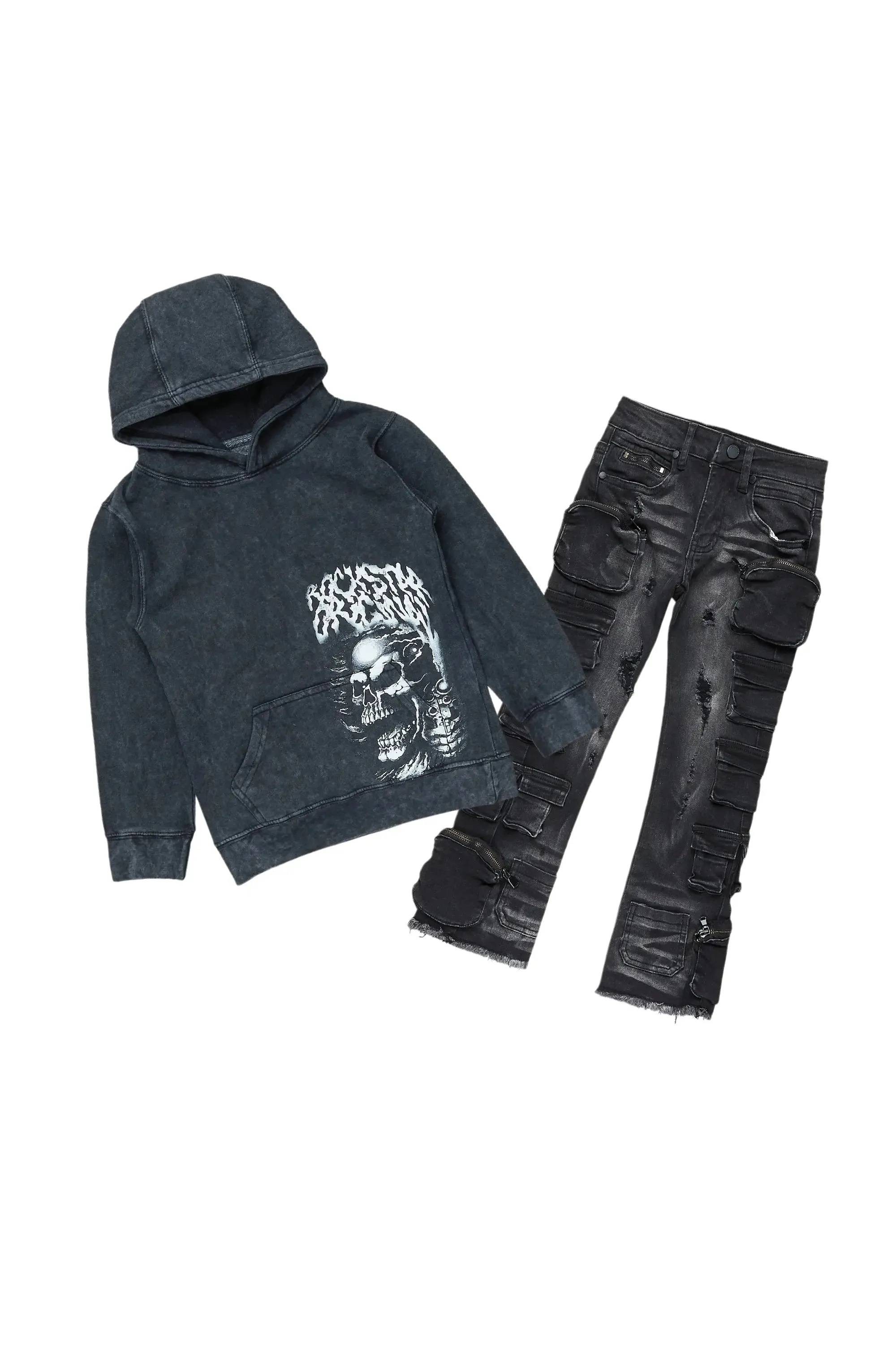Boys Root Vintage Black Hoodie/Cargo Stack Flare Jean Set sold by Rockstar Original