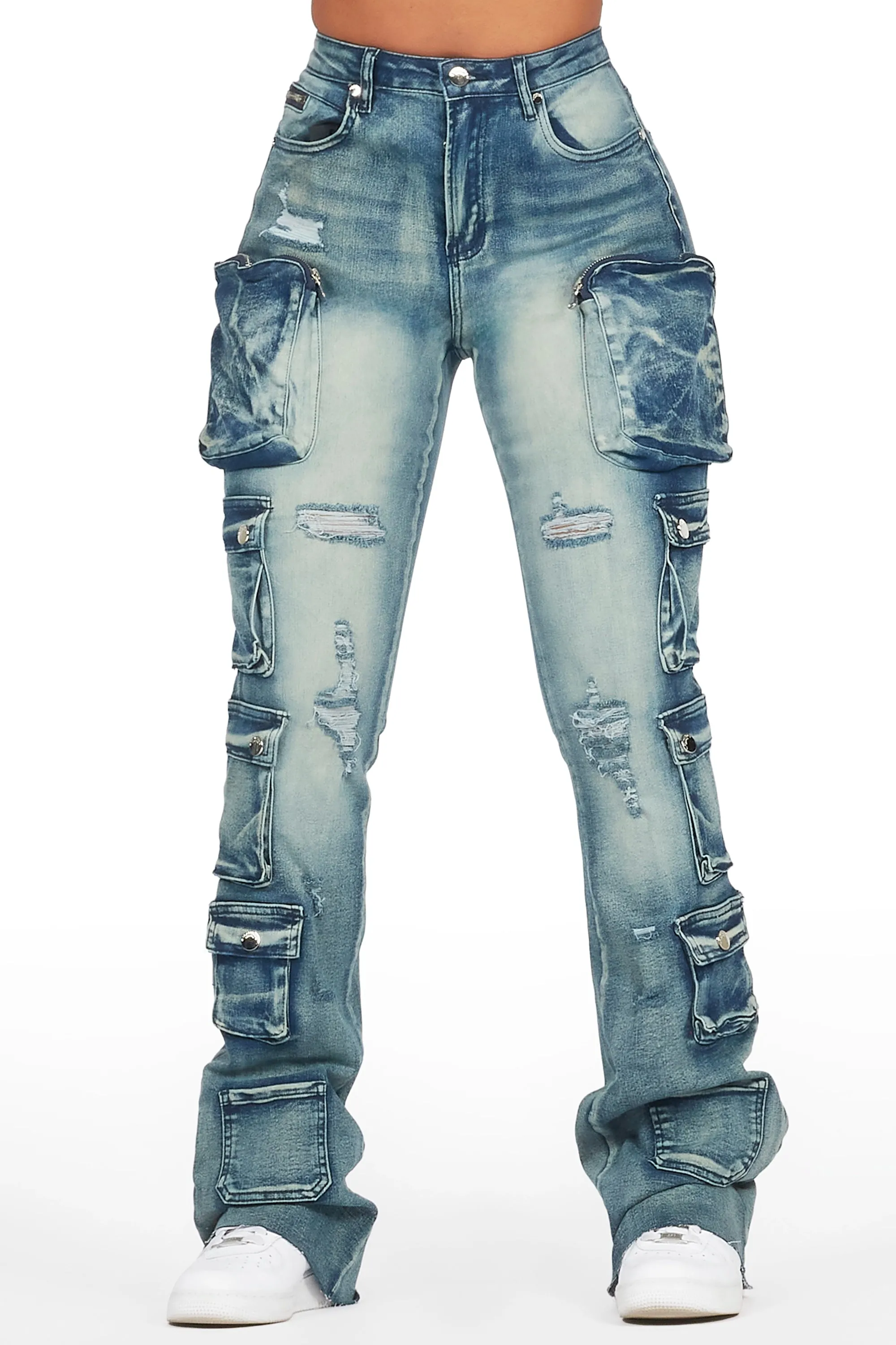 Octavie 2.0 Tinted Dark Wash Cargo Stacked Flare Jean sold by Rockstar Original