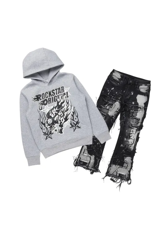 Boys Smitty Light Grey Hoodie/Stacked Flare Jean Set sold by Rockstar Original