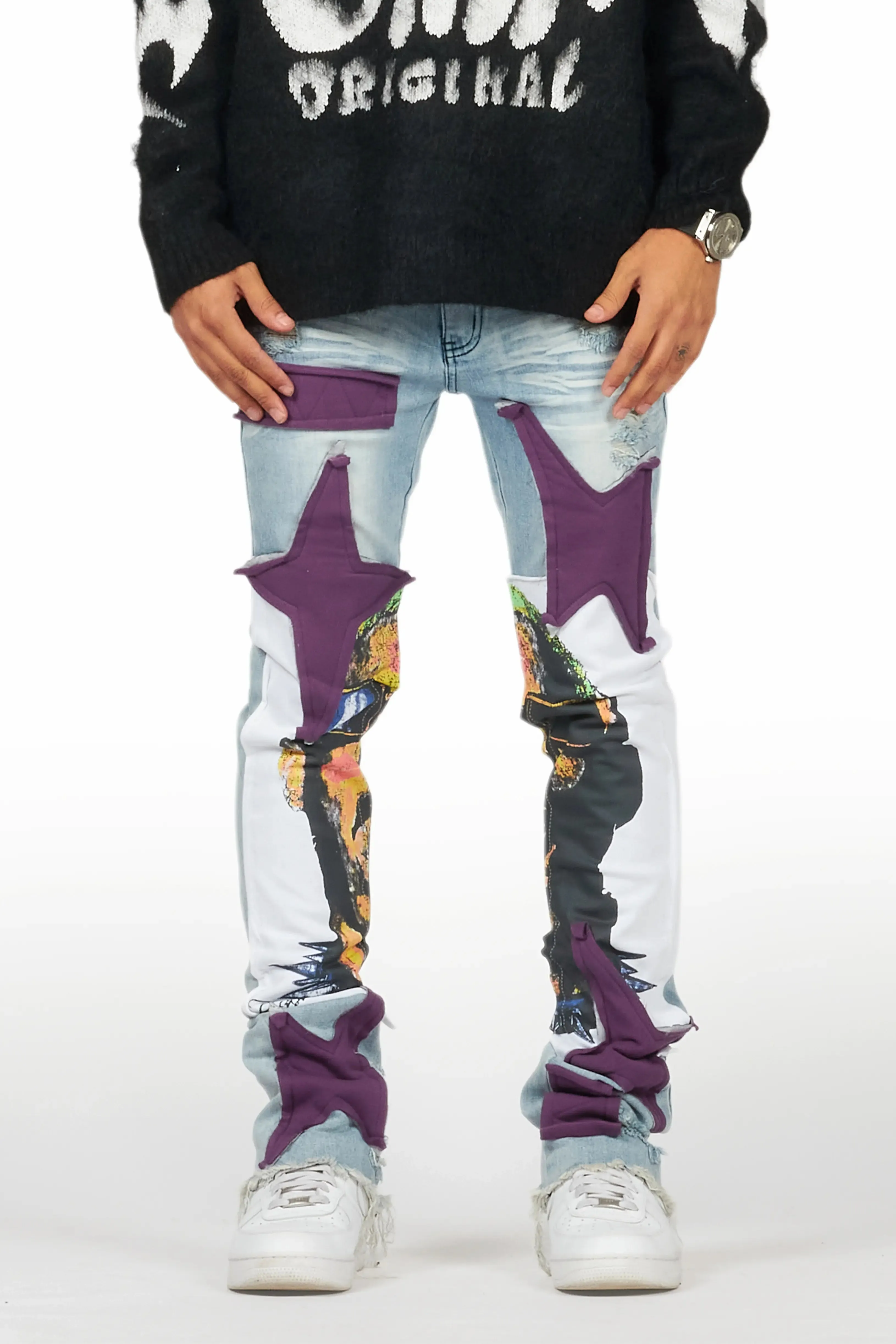 Savage Blue Patchwork Stacked Flare Jean sold by Rockstar Original