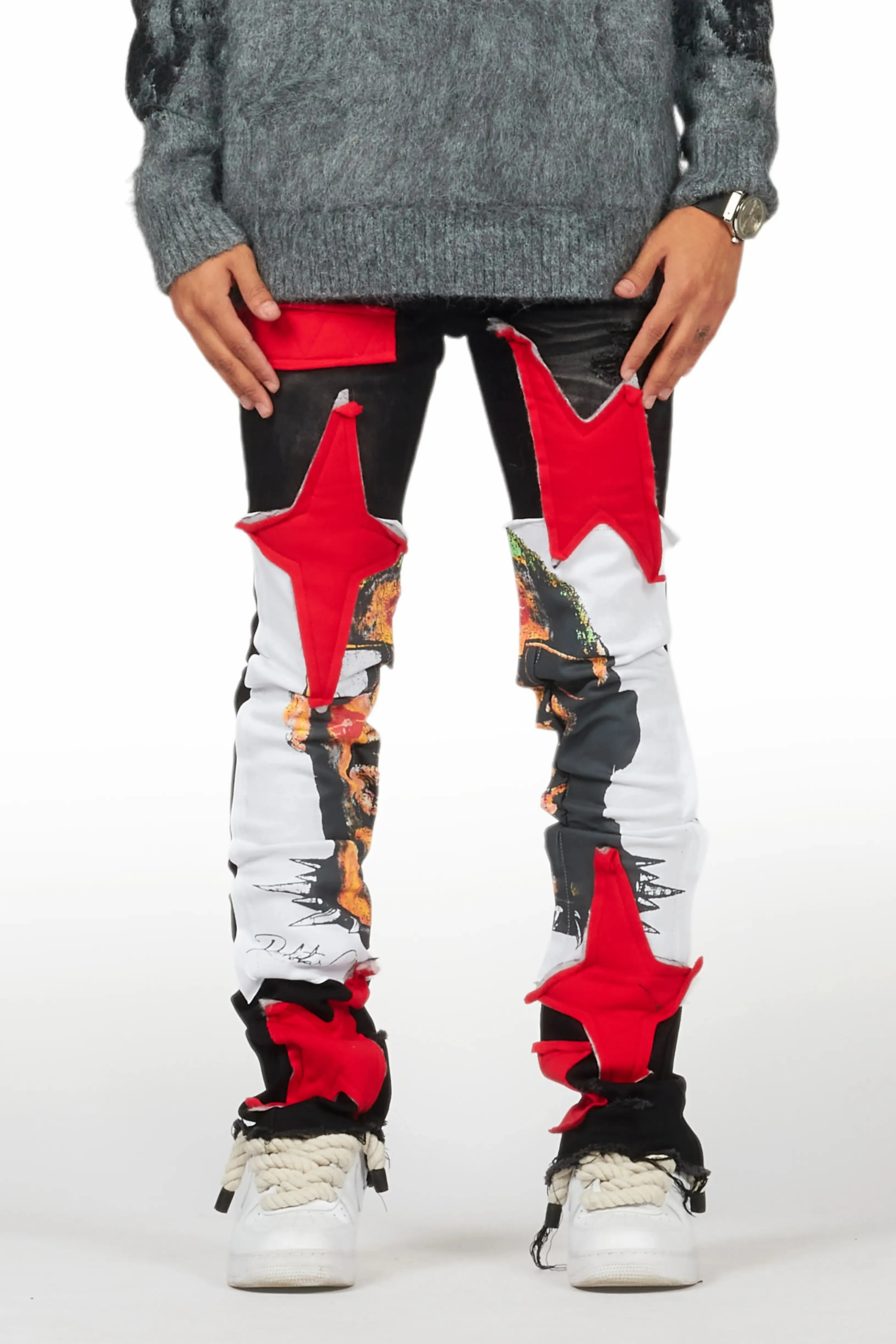 Savage Black/Red Patchwork Stacked Flare Jean sold by Rockstar Original