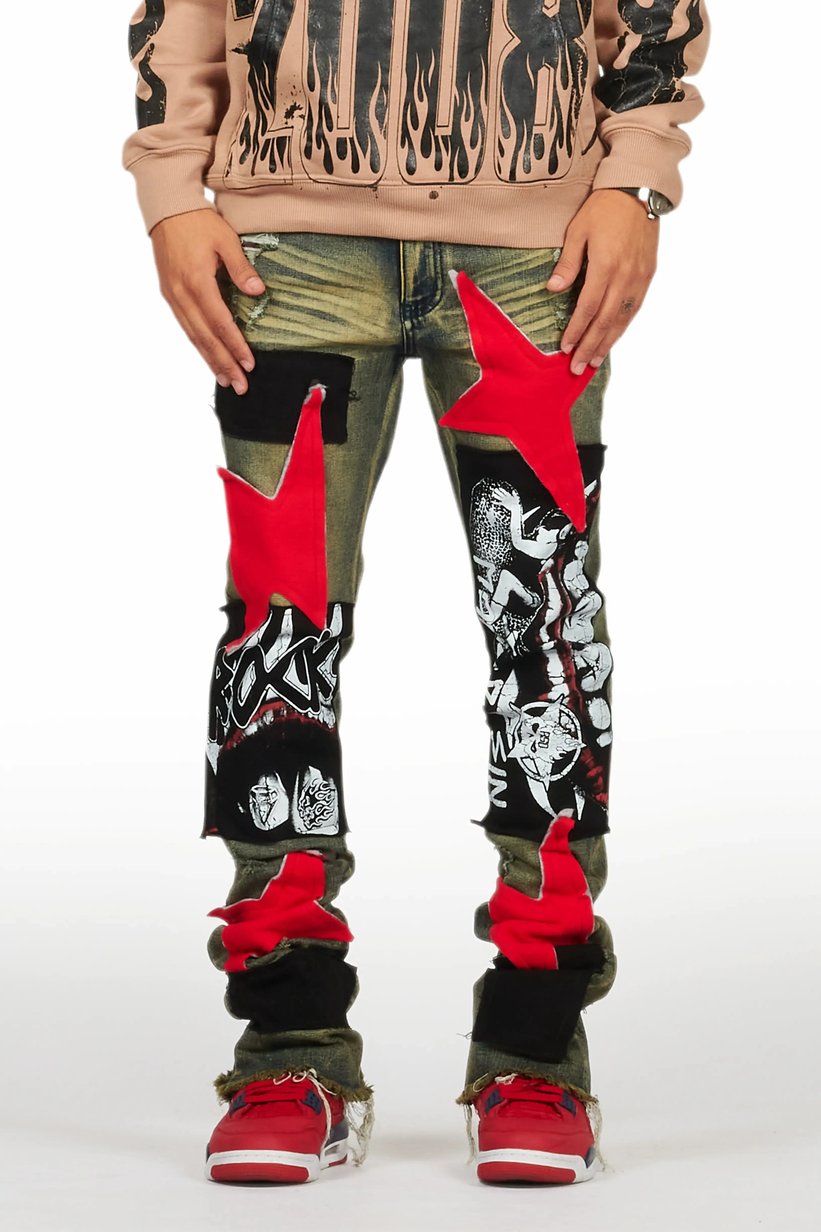 Vadim Blue Patchwork Stacked Flare Jean sold by Rockstar Original