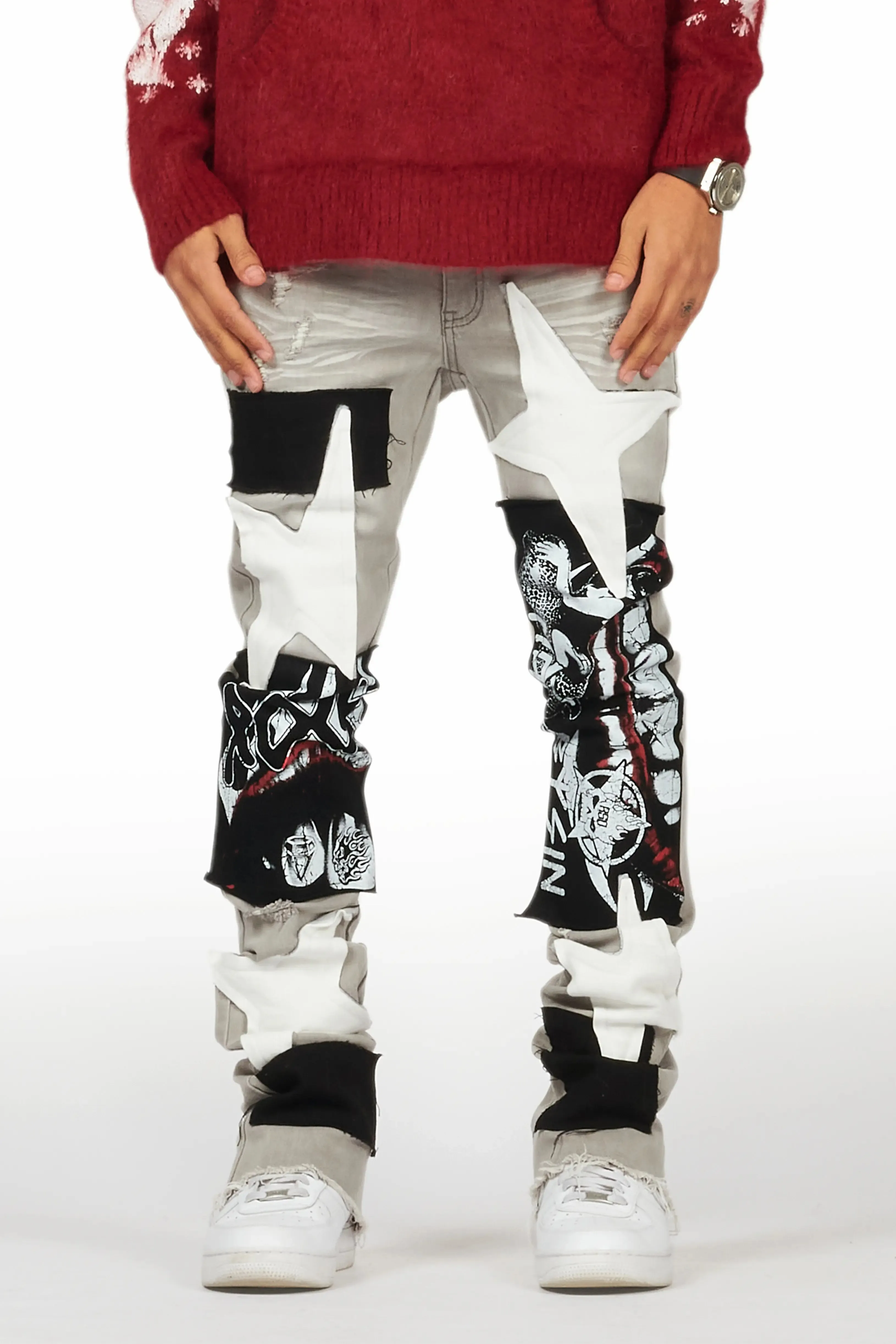 Vadim Grey Patchwork Stacked Flare Jean sold by Rockstar Original