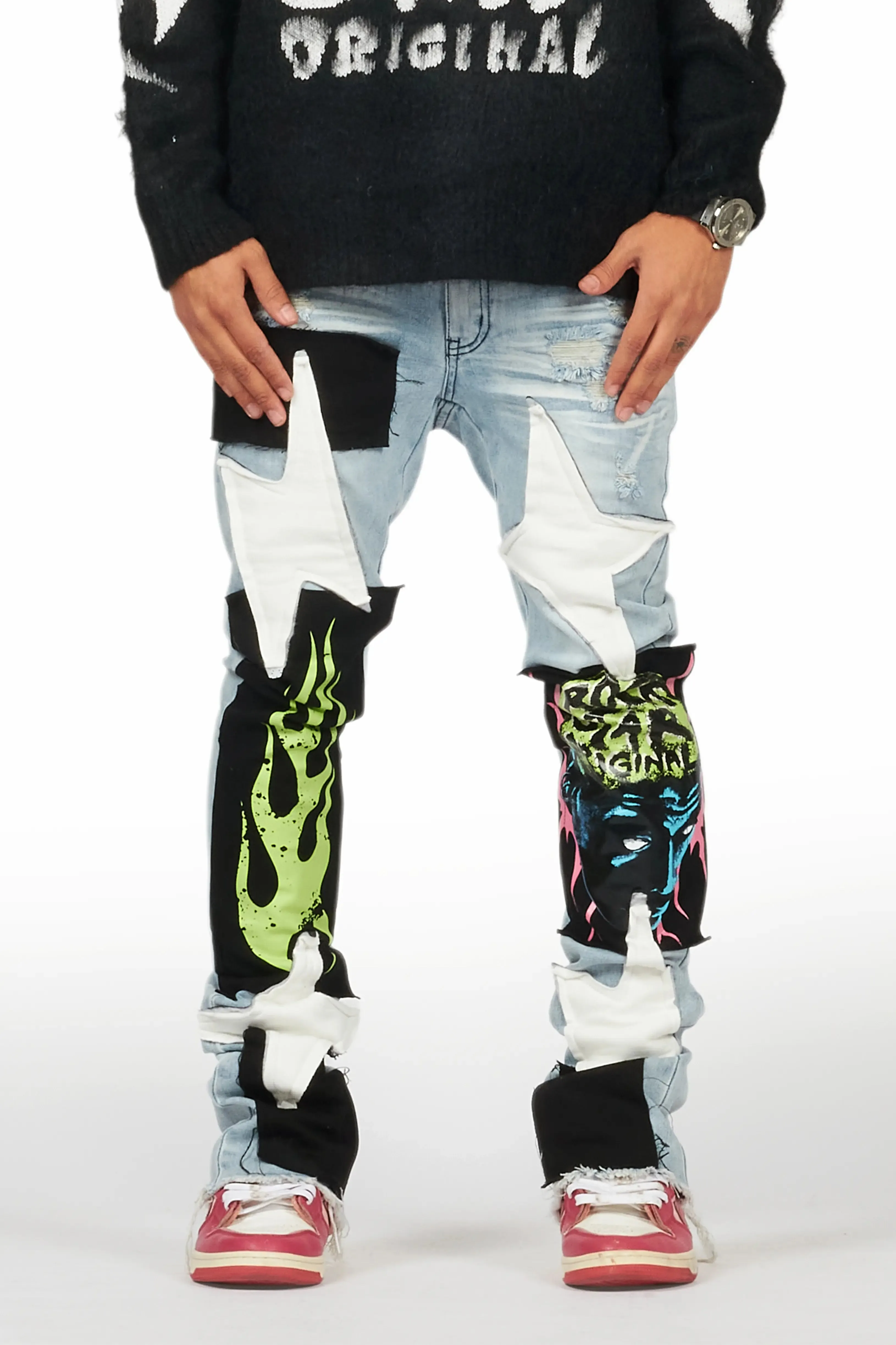 Edgar Blue Patchwork Stacked Flare Jean sold by Rockstar Original