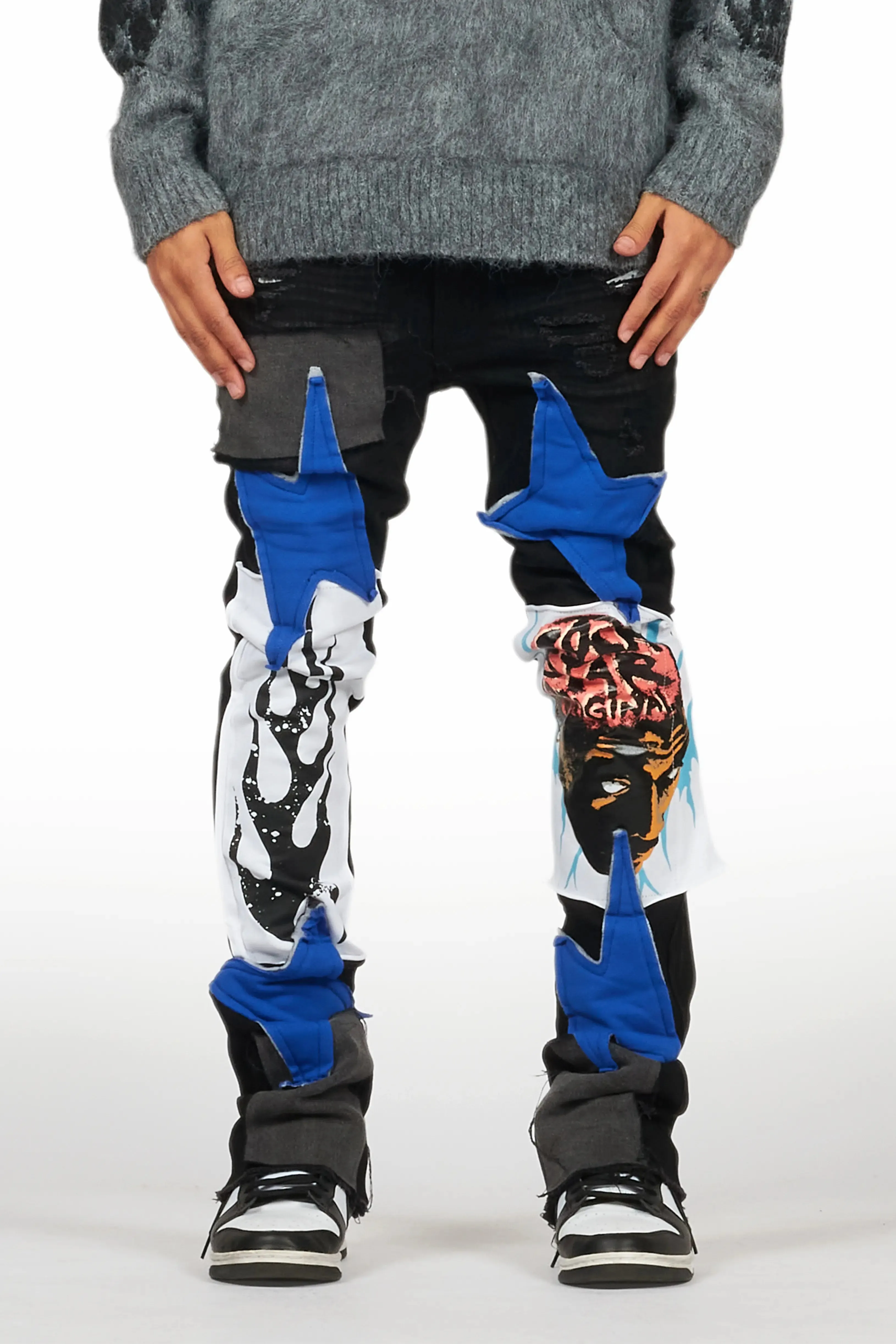 Edgar Jet Black Patchwork Stacked Flare Jean sold by Rockstar Original