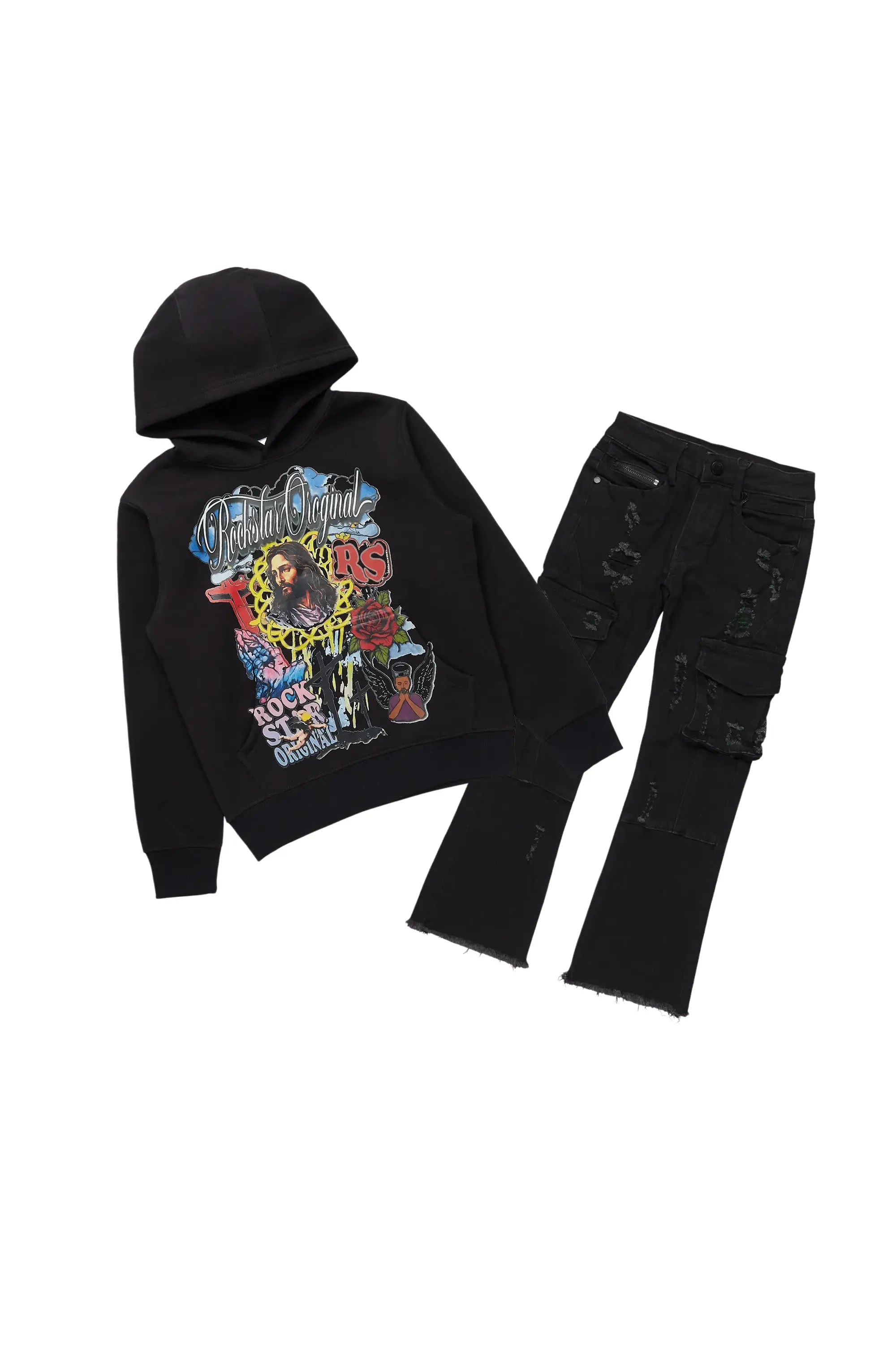 Boys Tadashi Black Hoodie/Stacked Flare Jean Set sold by Rockstar Original