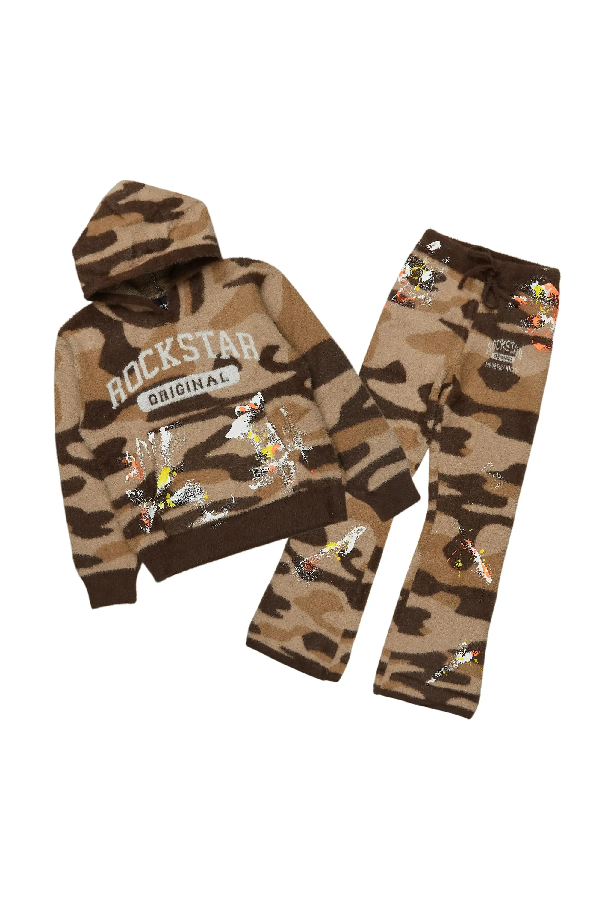 Boys Akio Camo Brown Stacked Flare Knitted Mohair Track Set sold by Rockstar Original