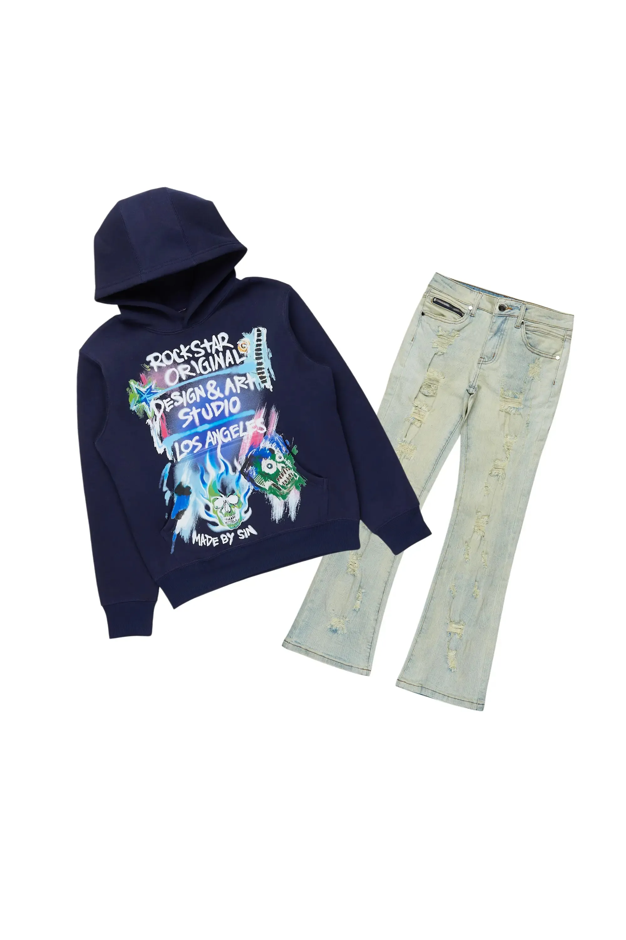 Boys Soweto Navy Hoodie/Stacked Flare Jean Set sold by Rockstar Original