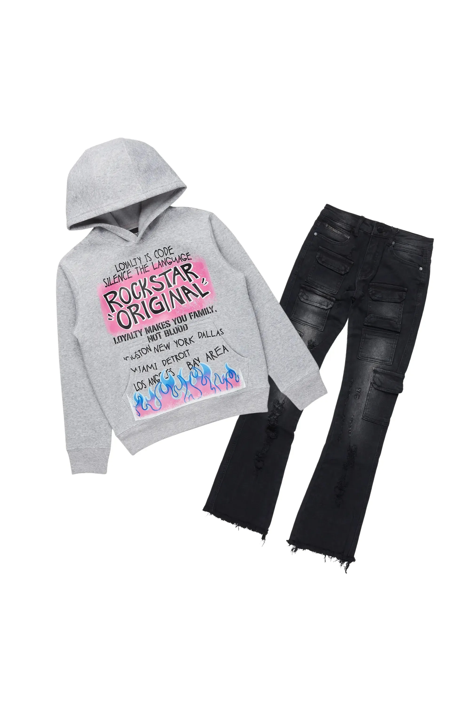 Boys Beno Light Grey/Black Hoodie/Stacked Flare Jean Set sold by Rockstar Original