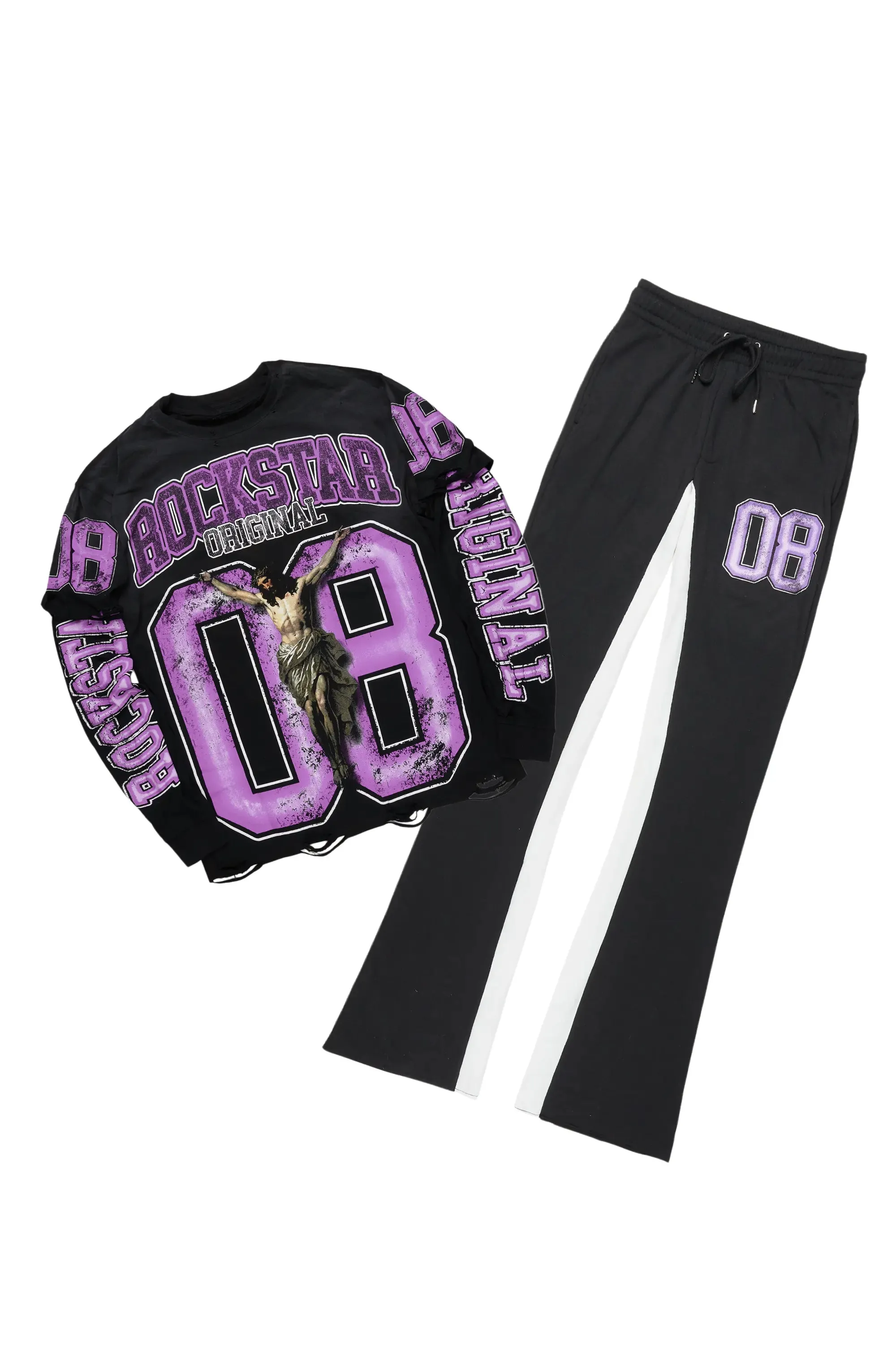 Fields Black/Purple Double Layer T-Shirt/Stacked Baggy Track Pant Set sold by Rockstar Original