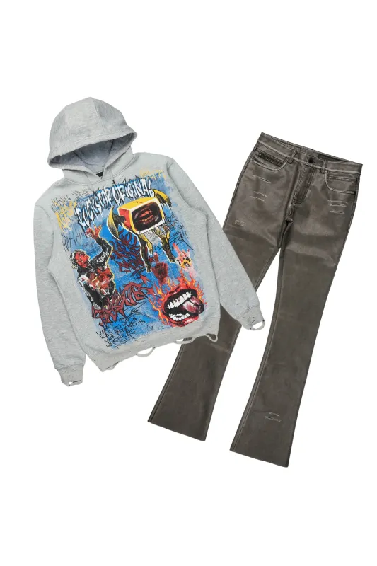 Yooz Heather Grey Hoodie & Deco Stacked Flare PU Jean Bundle sold by Rockstar Original