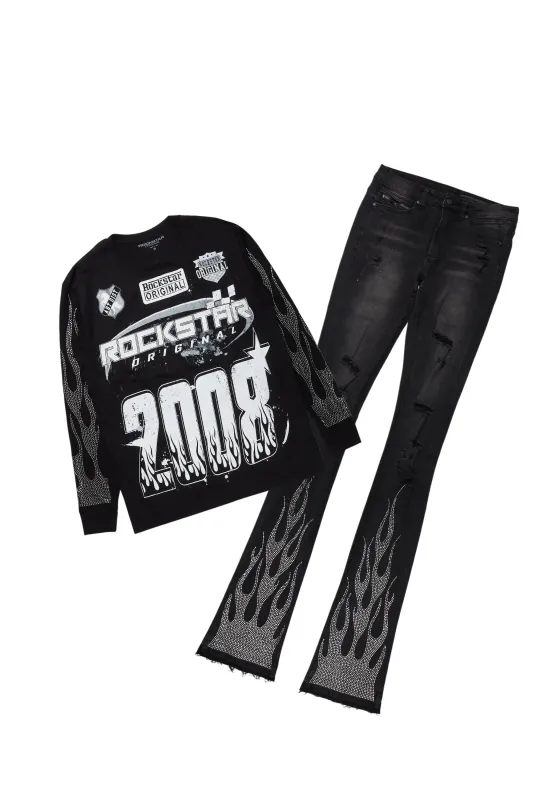 Amos Black Rhinestone Long Sleeve T-Shirt/Super Stacked Flare Jean Set sold by Rockstar Original