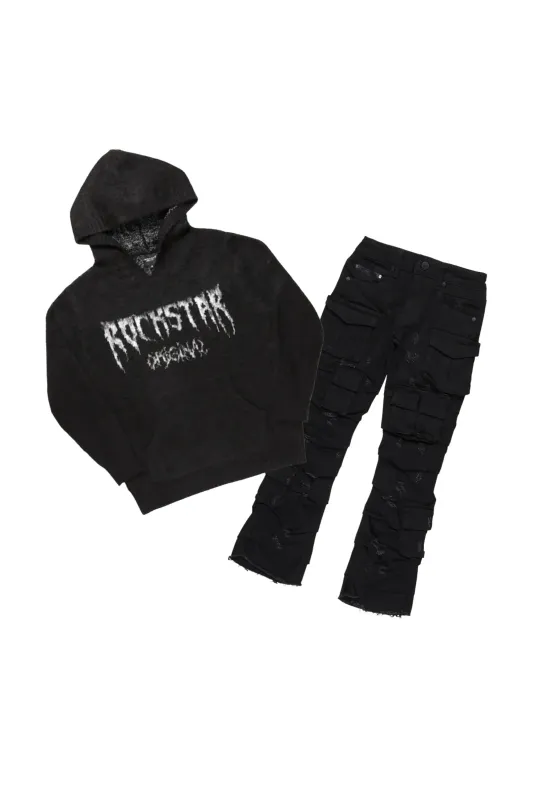 Boys Andros Black Mohair Hoodie/Stacked Flare Jean Set sold by Rockstar Original