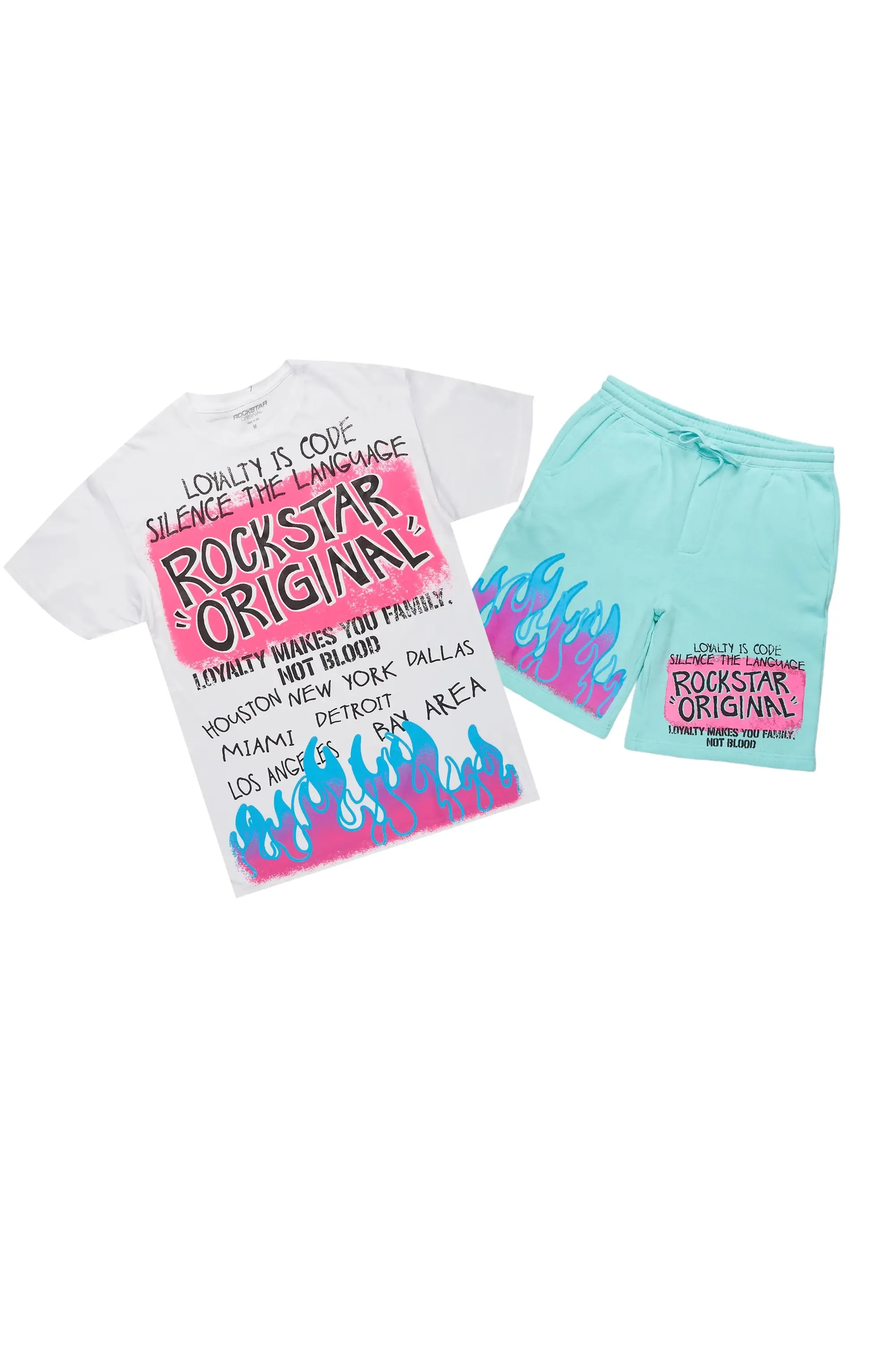 Beno White/Mint Graphic T-Shirt Short Set sold by Rockstar Original