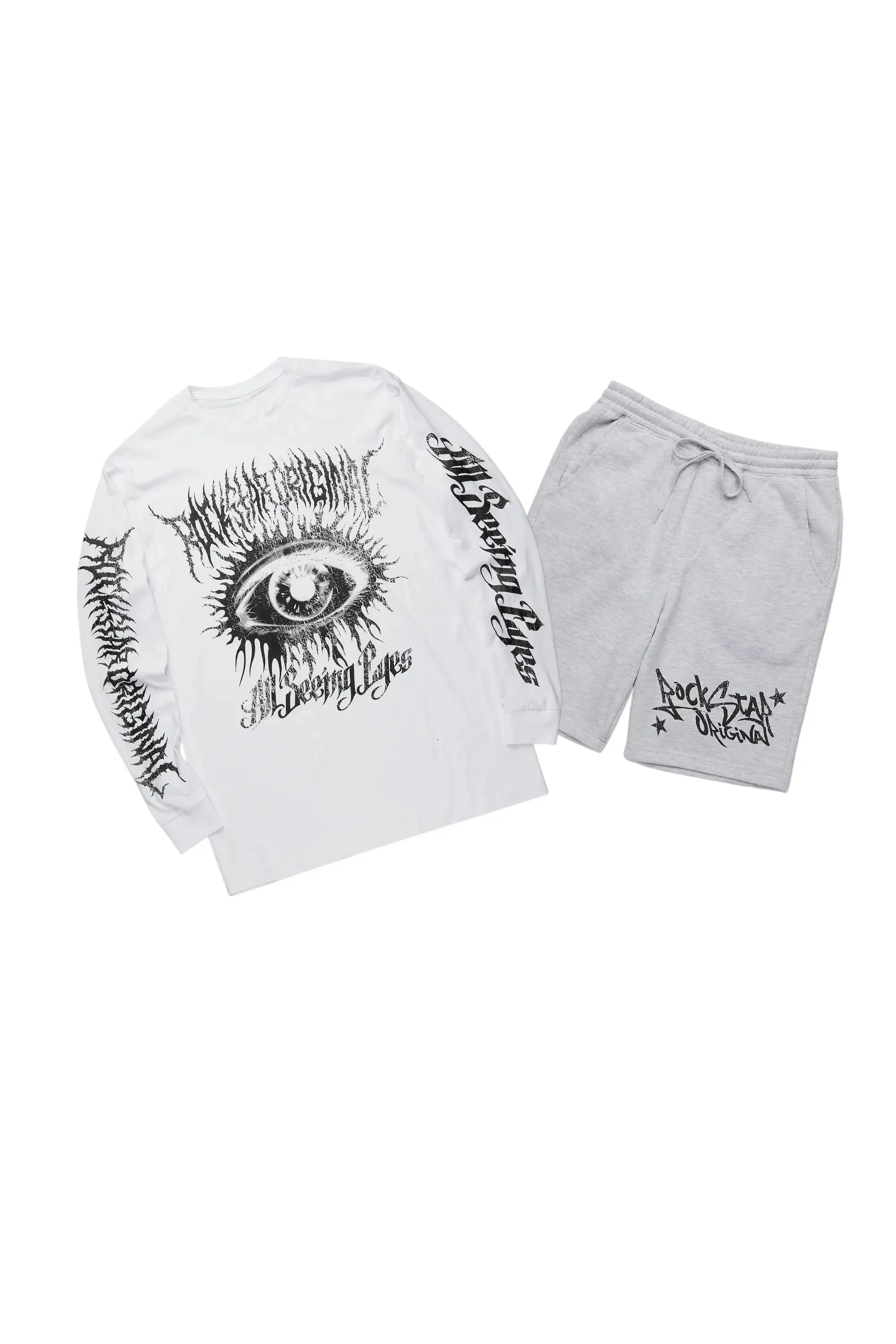 All Seeing Eyes White/Grey Long Sleeve T-Shirt Short Set sold by Rockstar Original