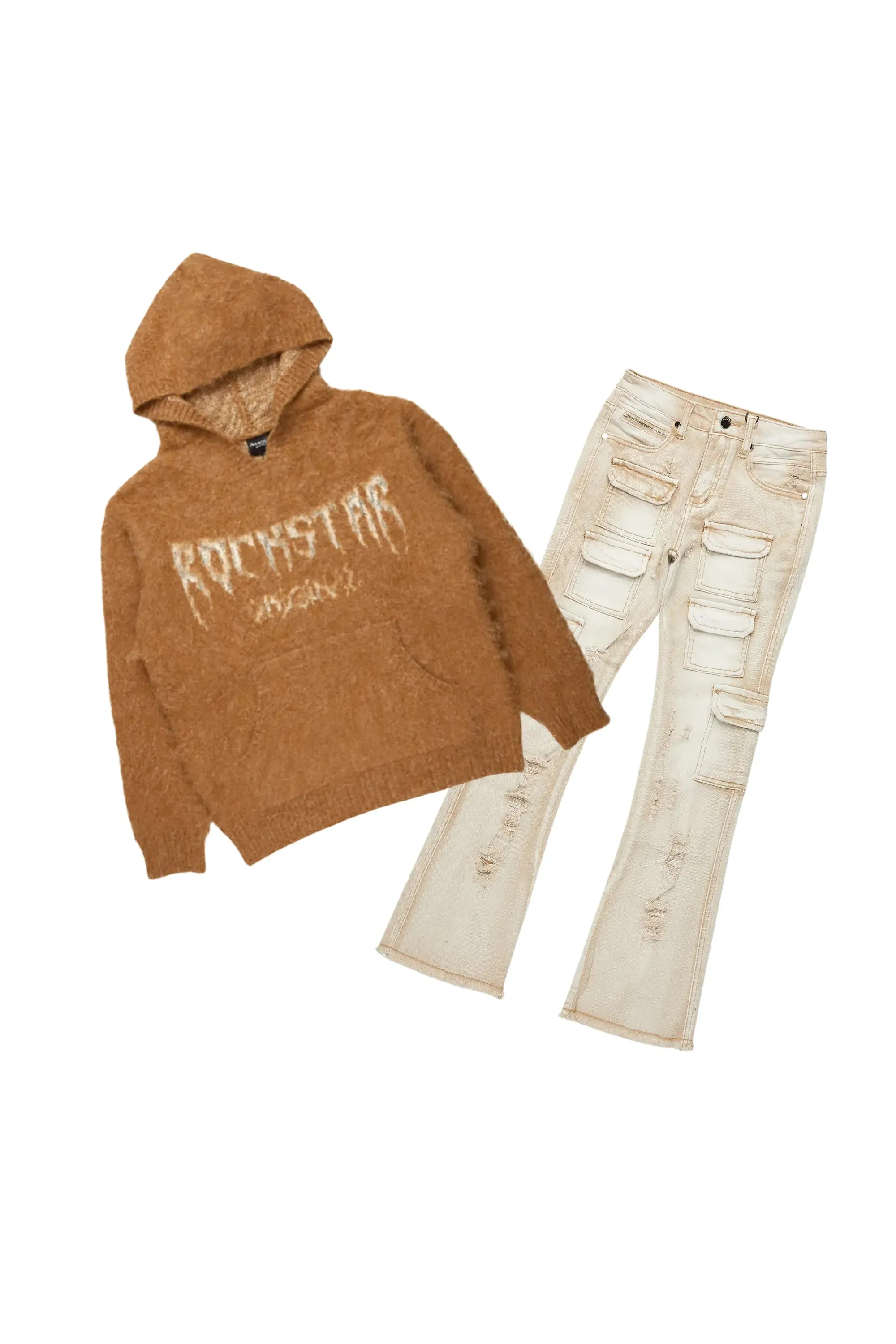 Boys Andros Brown/Tan Mohair Hoodie/Stacked Flare Jean Set sold by Rockstar Original