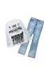 Amos White/Blue Rhinestone Long Sleeve T-Shirt/Stacked Flare Jean Set sold by Rockstar Original