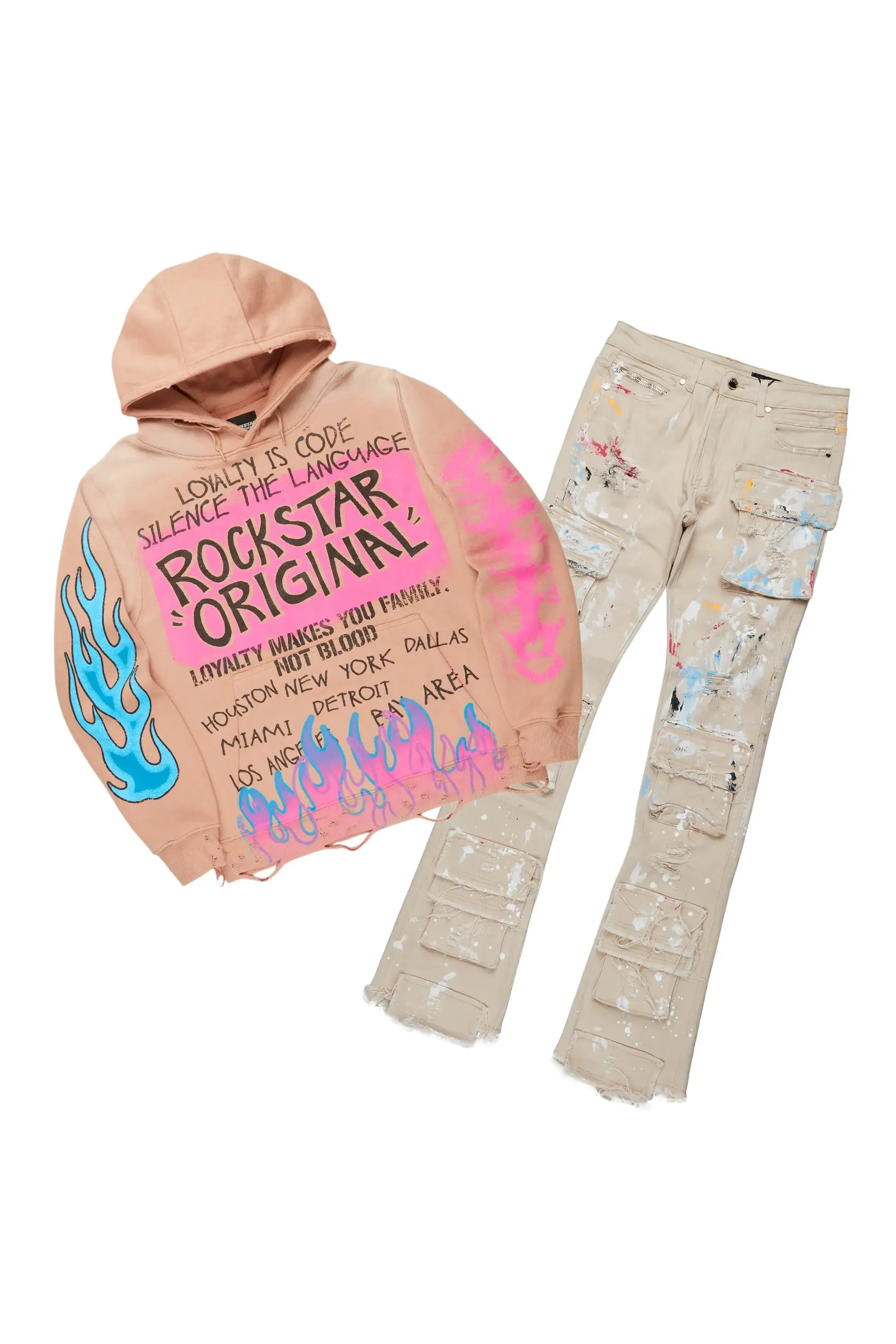 Beno Khaki Hoodie & Orien Stacked Flare Jean Bundle sold by Rockstar Original