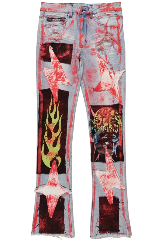 Edge Blue/Red Roller Paint Stacked Flare Jean sold by Rockstar Original