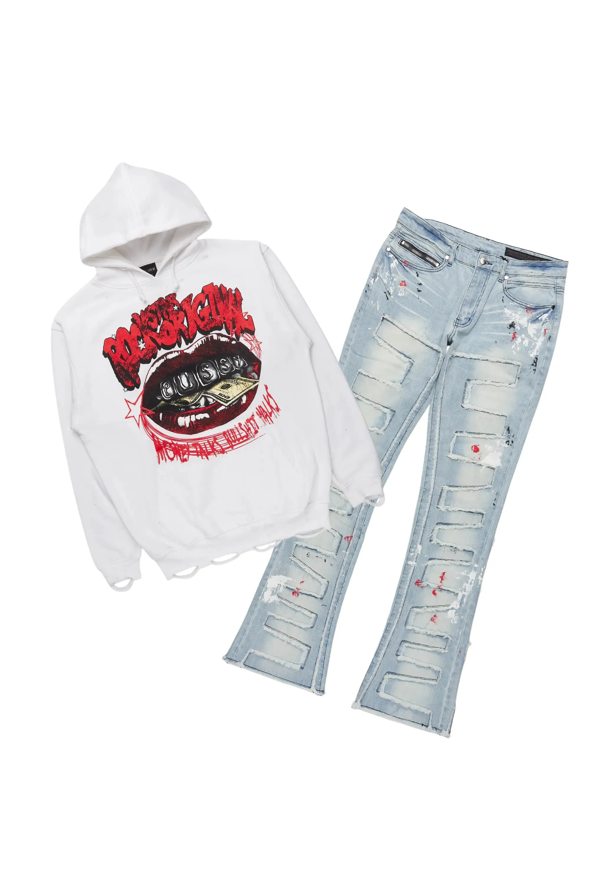 Bloke White/Blue Hoodie/Stacked Flare Jean Bundle sold by Rockstar Original