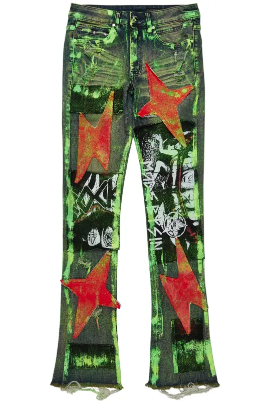 Valko Blue/Green Roller Paint Stacked Flare Jean sold by Rockstar Original