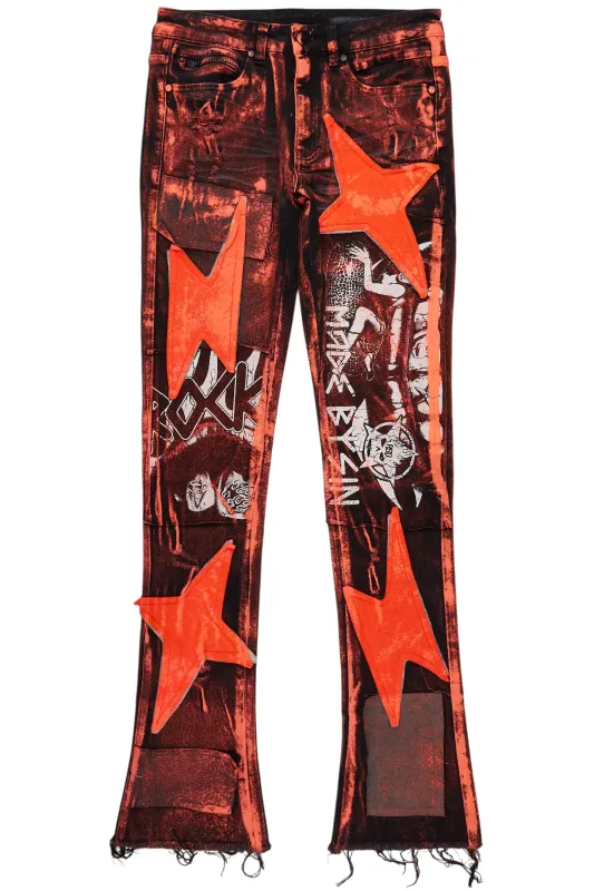 Valko Black/Orange Roller Paint Stacked Flare Jean sold by Rockstar Original