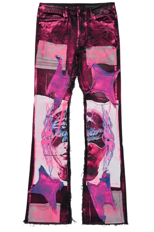 Helki Black/Pink Roller Paint Stacked Flare Jean sold by Rockstar Original