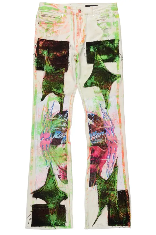 Helki Beige/Green Roller Paint Stacked Flare Jean sold by Rockstar Original
