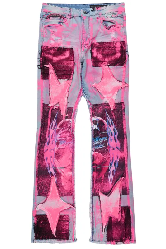 Helki Blue/Pink Roller Paint Stacked Flare Jean sold by Rockstar Original