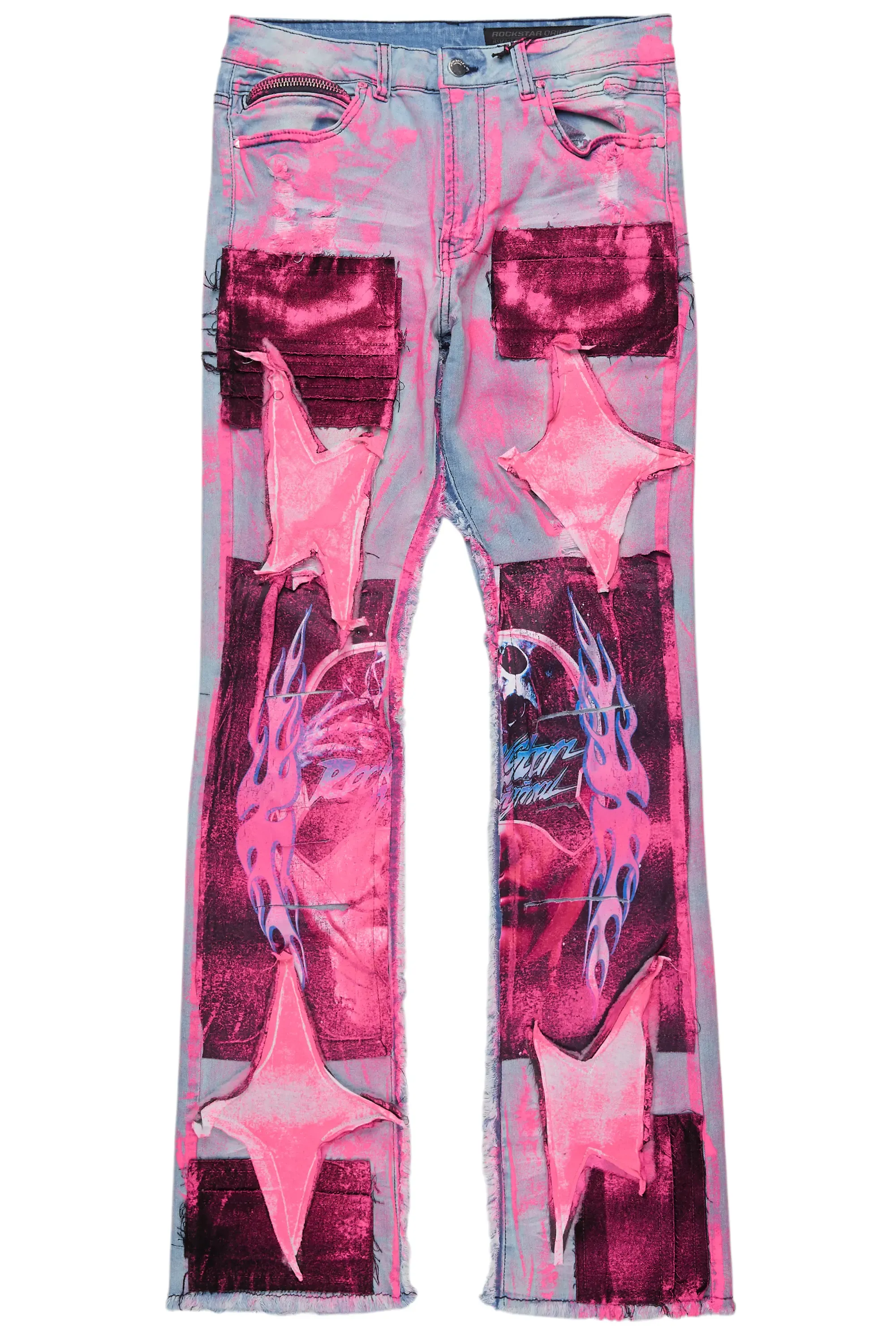 Helki Blue/Pink Roller Paint Stacked Flare Jean sold by Rockstar Original