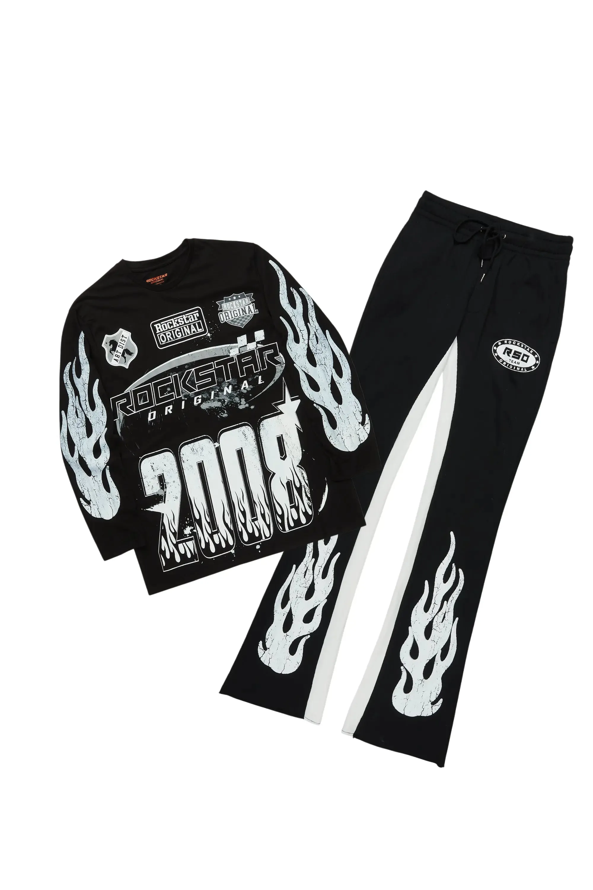 Amos Black/White Long Sleeve T-Shirt/Stacked Baggy Pant Set sold by Rockstar Original