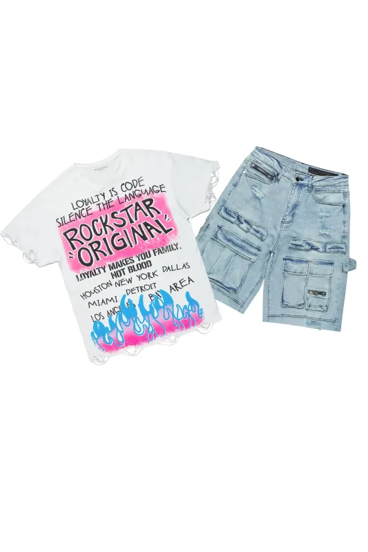 Beno White/Blue T-Shirt/Denim Short Set sold by Rockstar Original