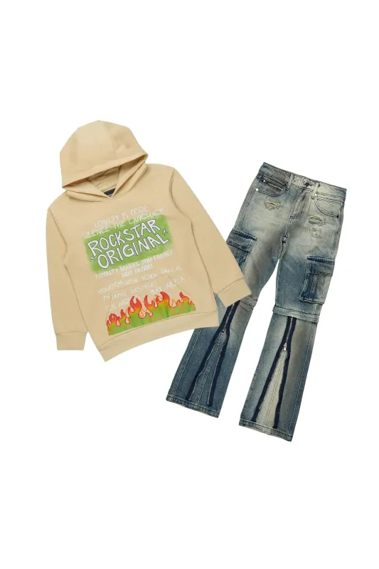 Boys Beno Beige/Blue Hoodie/Baggy Fit Jean Set sold by Rockstar Original