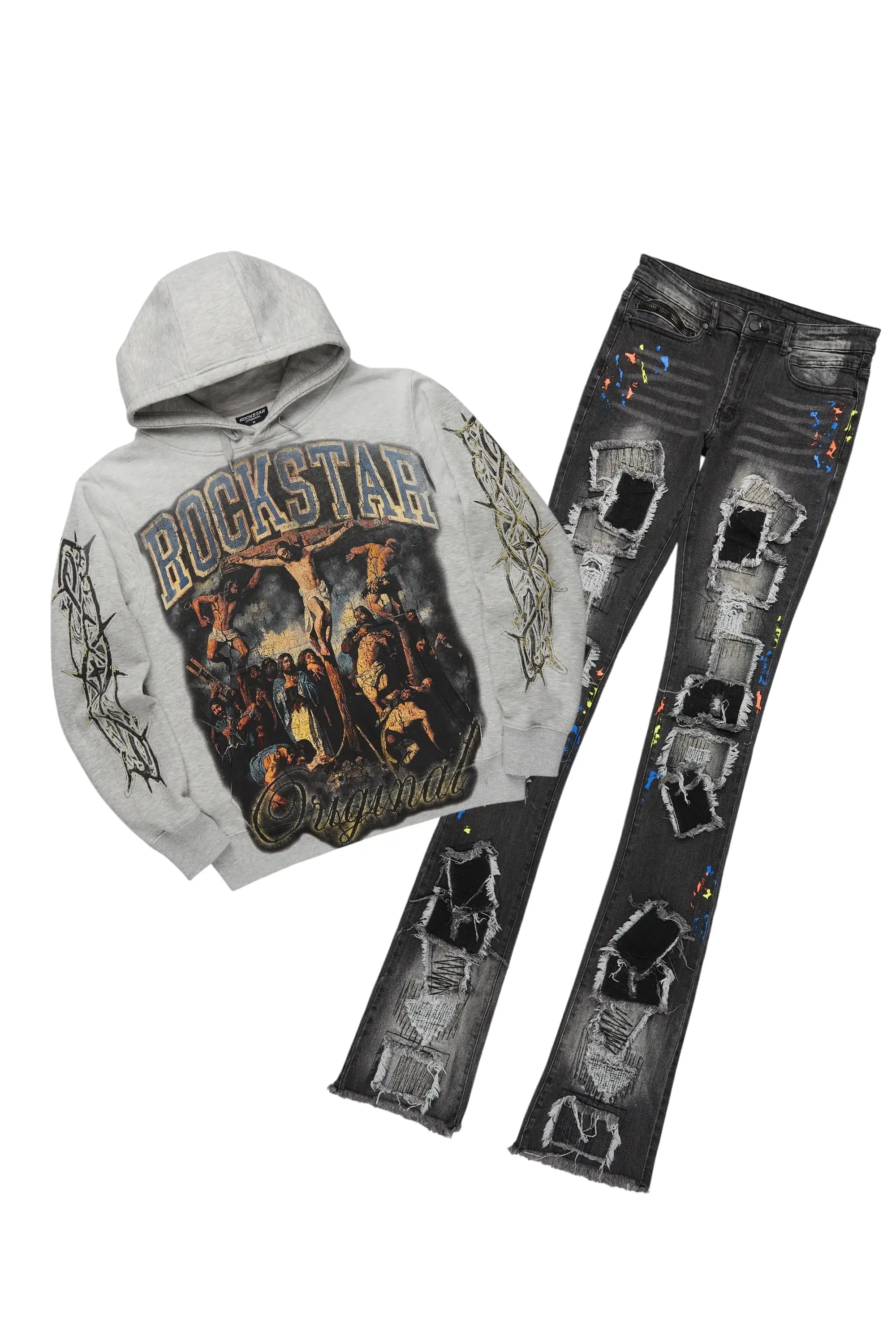 Waller Heather Grey Hoodie/Super Stacked Flare Jean Bundle sold by Rockstar Original