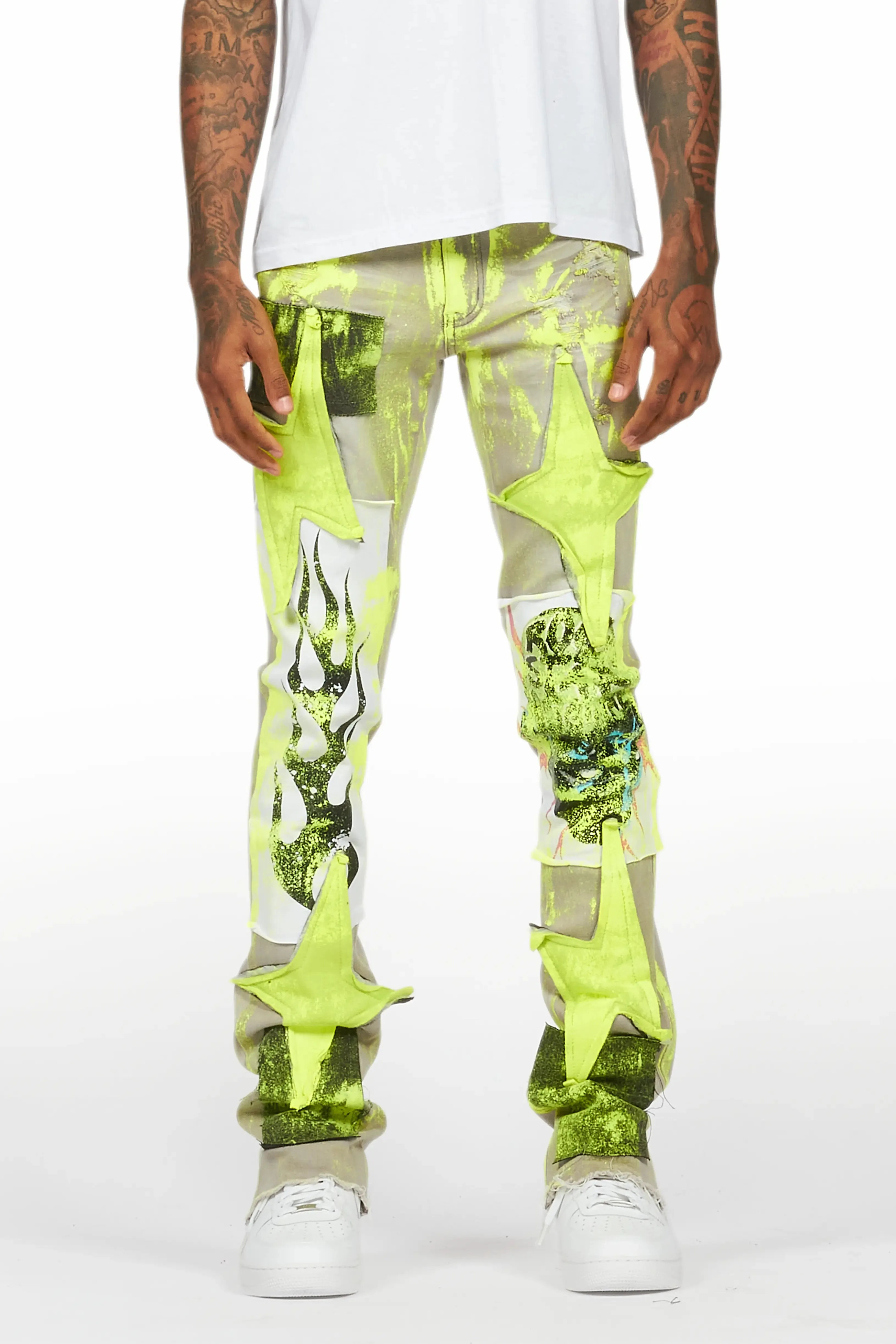 Edge Grey/Yellow Roller Paint Stacked Flare Jean sold by Rockstar Original