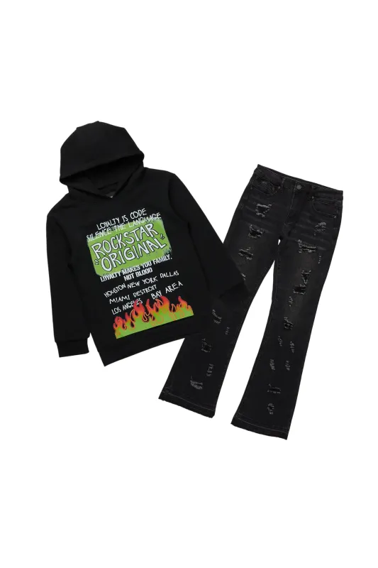 Boys Beno Black Hoodie/Stacked Flare Jean Set sold by Rockstar Original