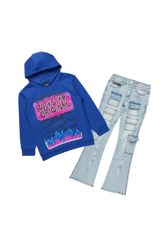 Boys Beno Royal Blue/Pink Hoodie/Stacked Flare Jean Set sold by Rockstar Original
