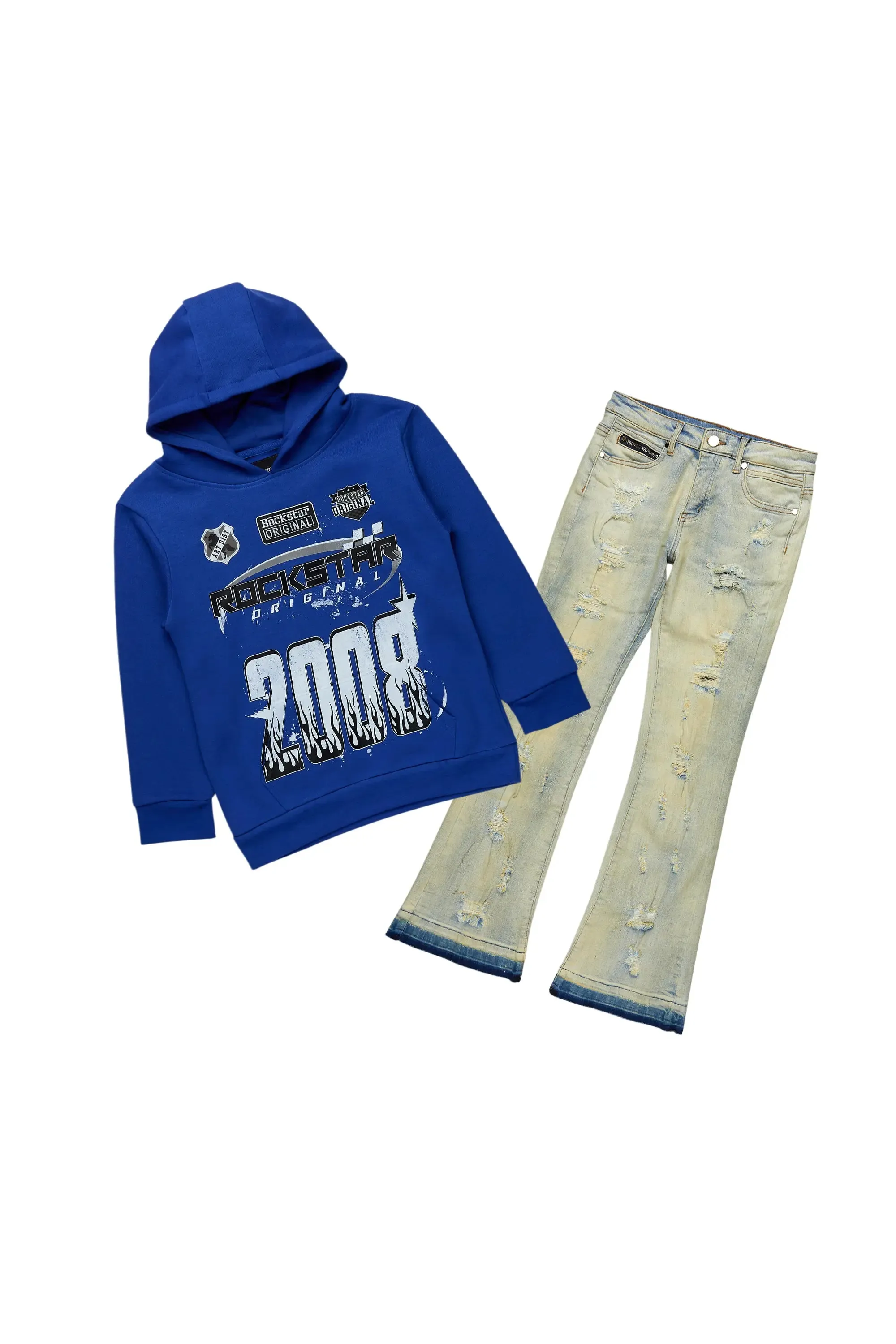 Boys Amos Royal Blue Hoodie/Stacked Flare Jean Set sold by Rockstar Original