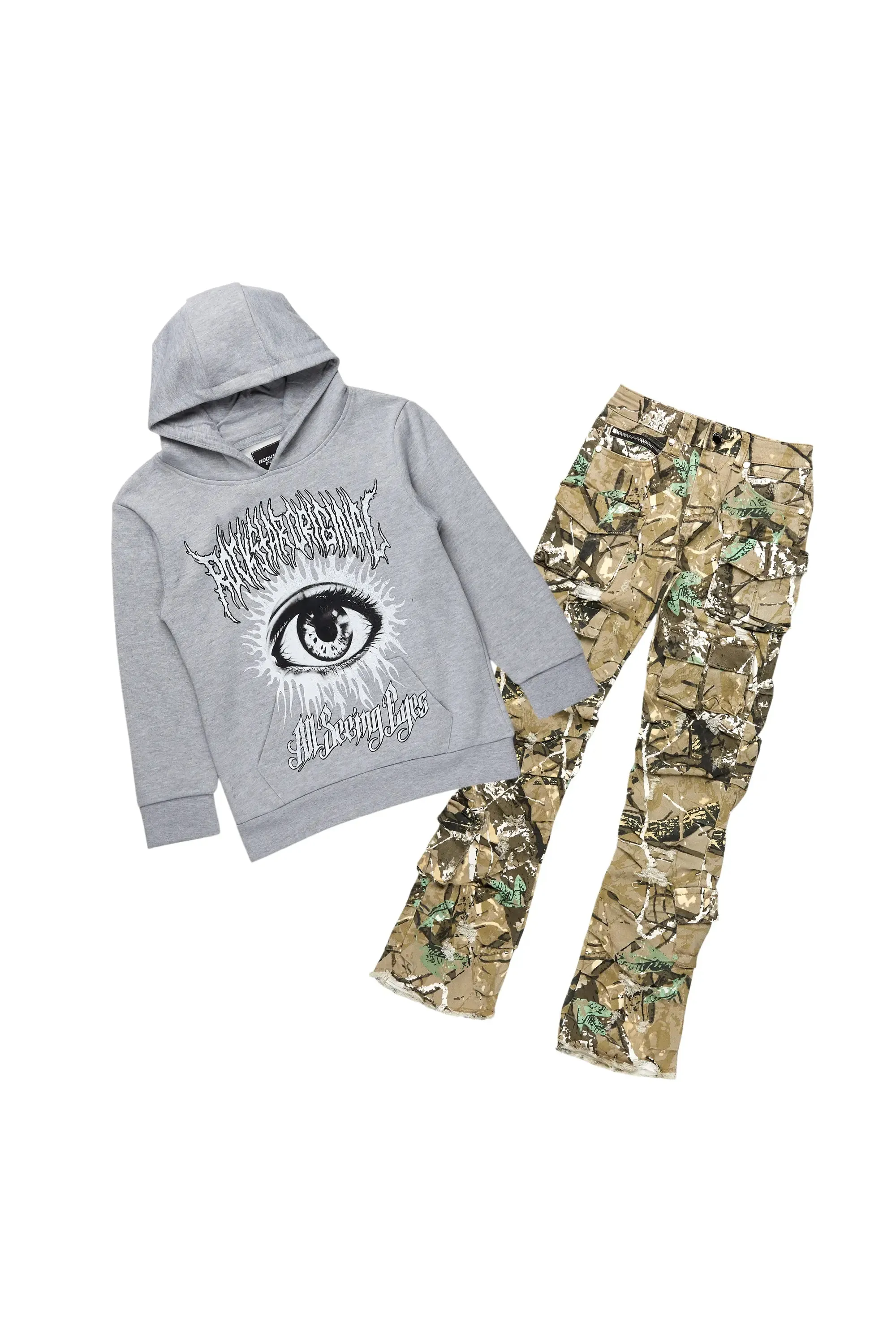 Boys All Eyes Grey Hoodie/Stacked Flare Jean Set sold by Rockstar Original
