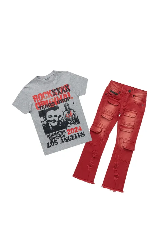 Boys Omer Heather Grey T-Shirt/Stacked Flare Jean Set sold by Rockstar Original