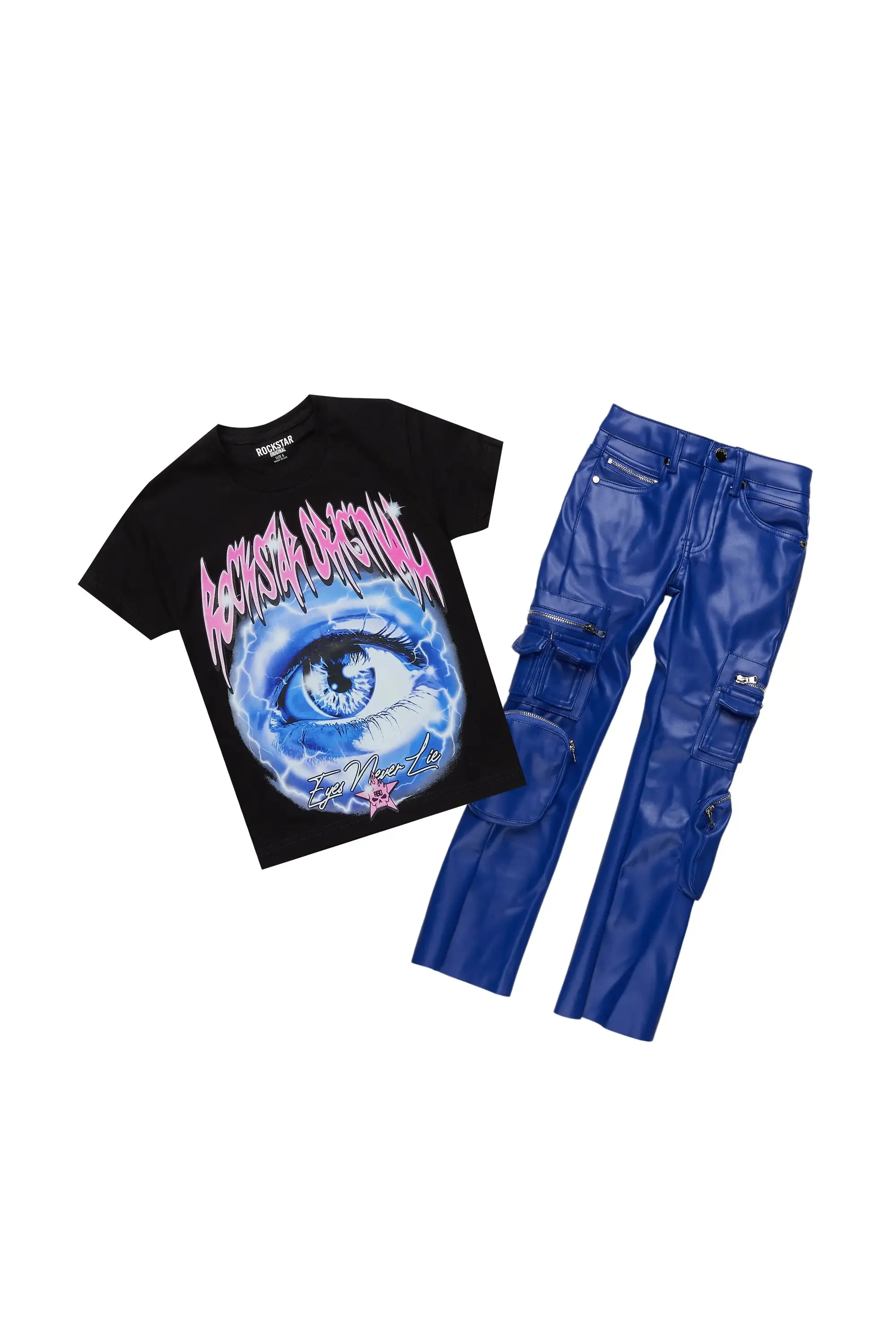 Girls Pello Black T-Shirt/Stacked PU Flare Set sold by Rockstar Original