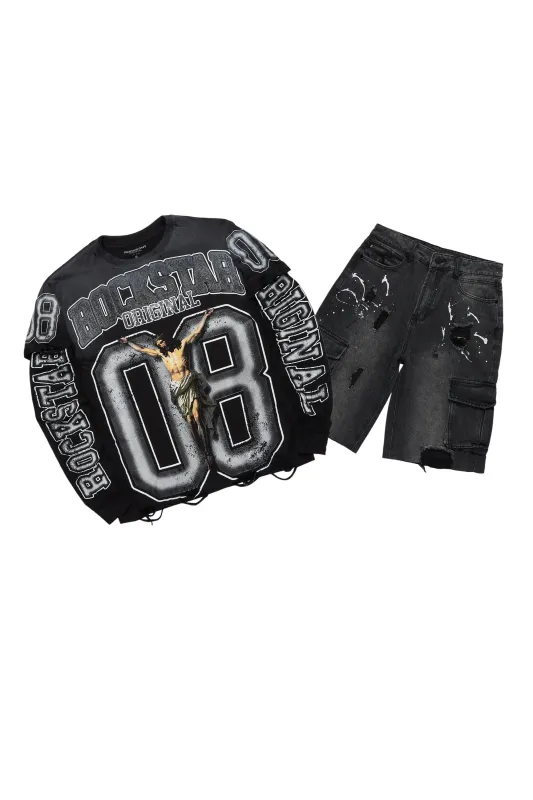 Fields Black/White Double Layer T-Shirt/Denim Short Set sold by Rockstar Original