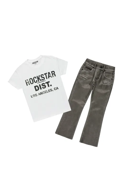 Boys Koen White T-Shirt/Stacked Flare PU Jean Set sold by Rockstar Original