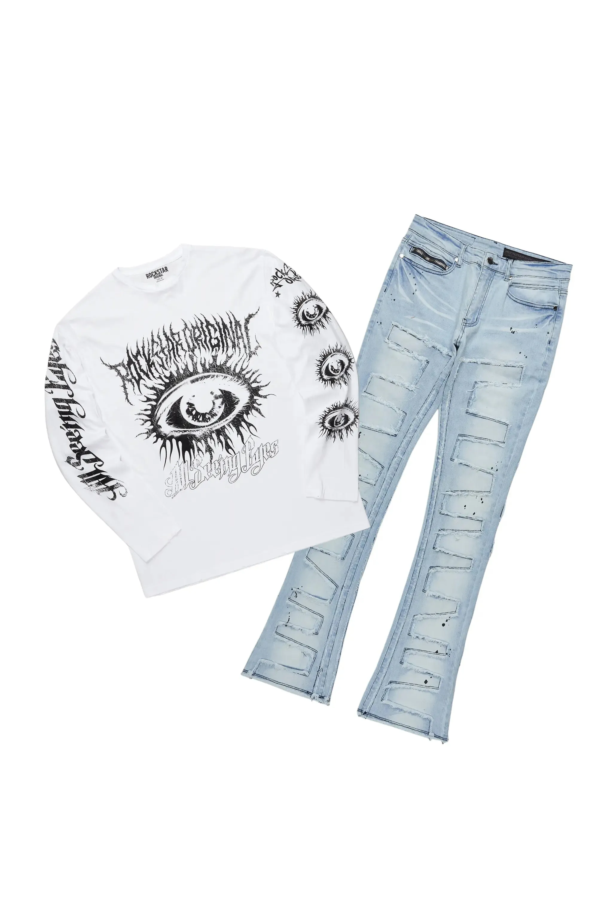 All Seeing Eyes White/Blue Long Sleeve T-Shirt/Stacked Flare Jean Set sold by Rockstar Original
