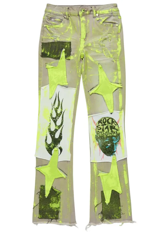 Boys Edge Grey/Yellow Roller Paint Stacked Flare Jean sold by Rockstar Original