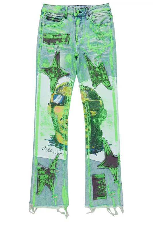 Boys Savier Blue/Green Roller Paint Stacked Flare Jean sold by Rockstar Original